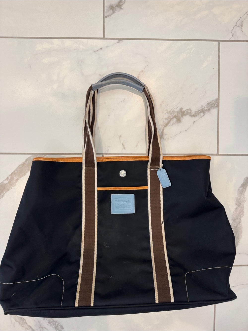 COACH Classic Black Canvas Tote with Light Blue Trim and Brown Straps